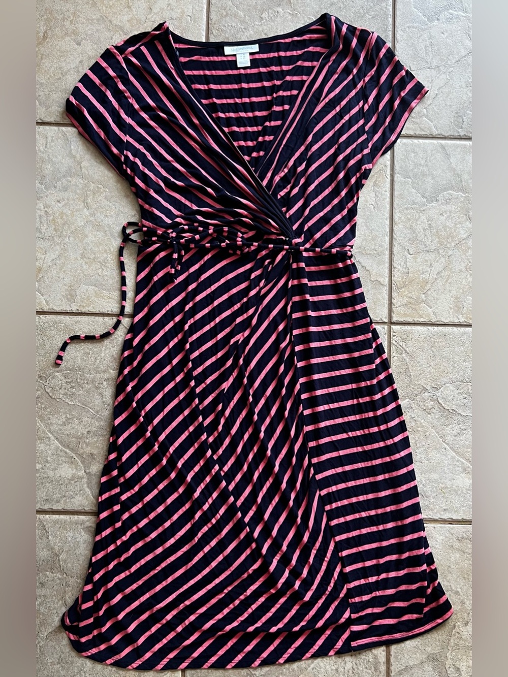 Motherhood Black and Pink Striped Wrap Midi Dress with Tie‎ Waist